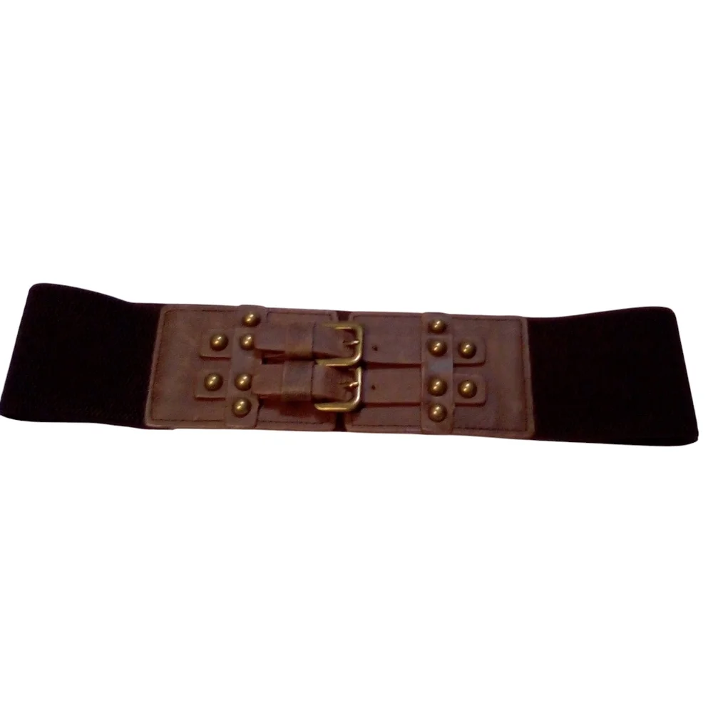 Belt Women Brown Boho Western Faux Leather Double Buckle Brass Studs Stretch M/L
